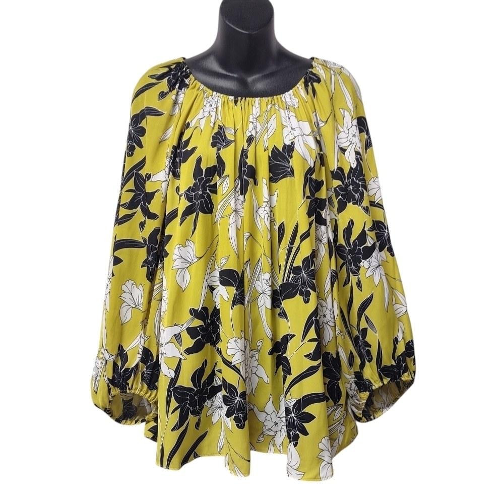 Worthington Floral Yellow Black White Floral Balloon Sleeves Blouse Sz XXL NWOT